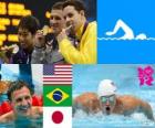 Yüzme 400 m bireysel karışık erkekler podyum, Ryan Lochte (ABD), Thiago Pereira (Brezilya) ve Kosuke Hagino (Japonya) - Londra 2012-